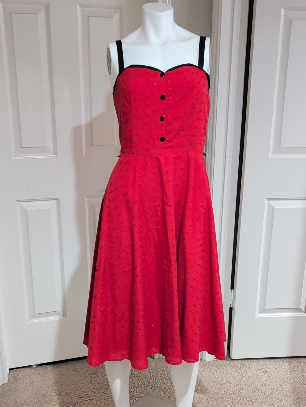 Vintage Stop Staring Red Fit-and-Flare Midi Dress w/ Black Trim Retro Women's M - Picture 9 of 9